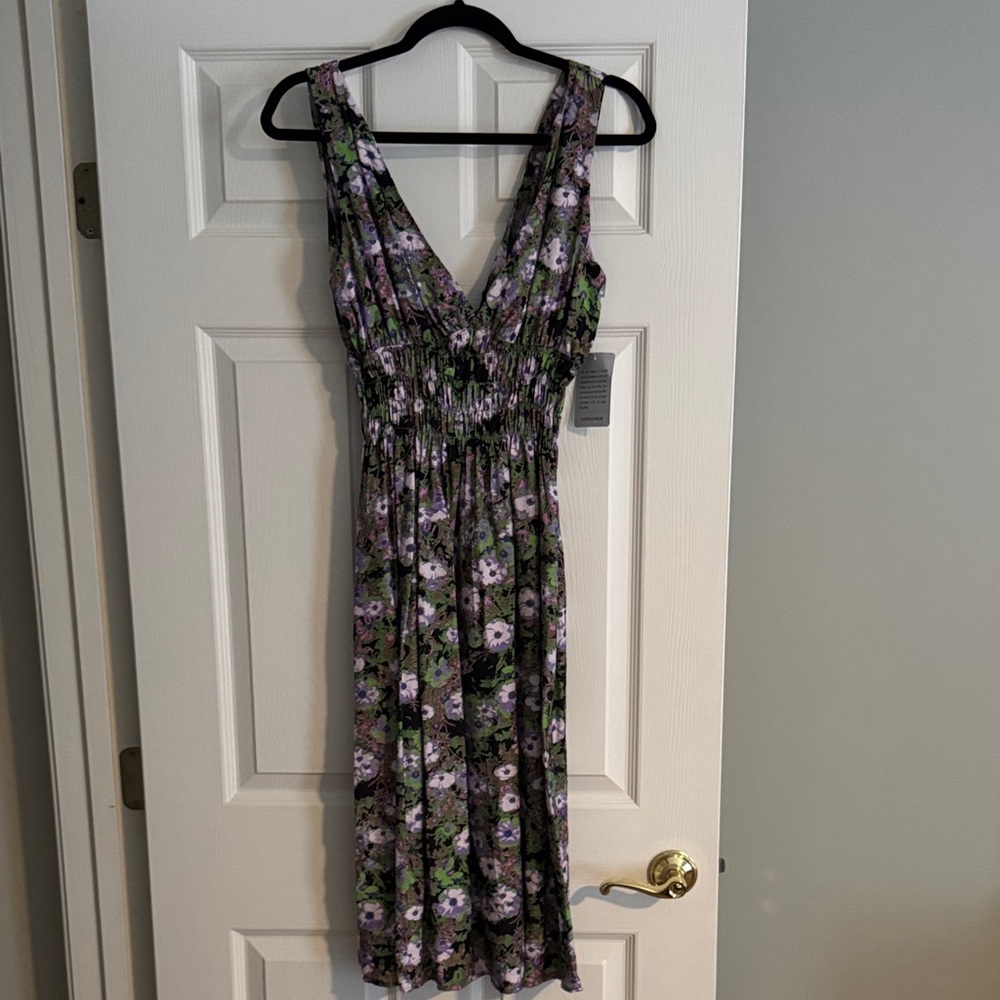 Elegant Floral Midi Dress in Purple and Green